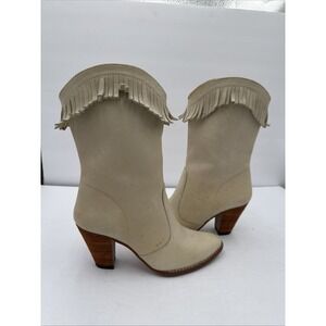 Vtg 80s-90s  Upstage Ivory Fringe Cowboy Boots Size 8 1/2 Brazil Leather